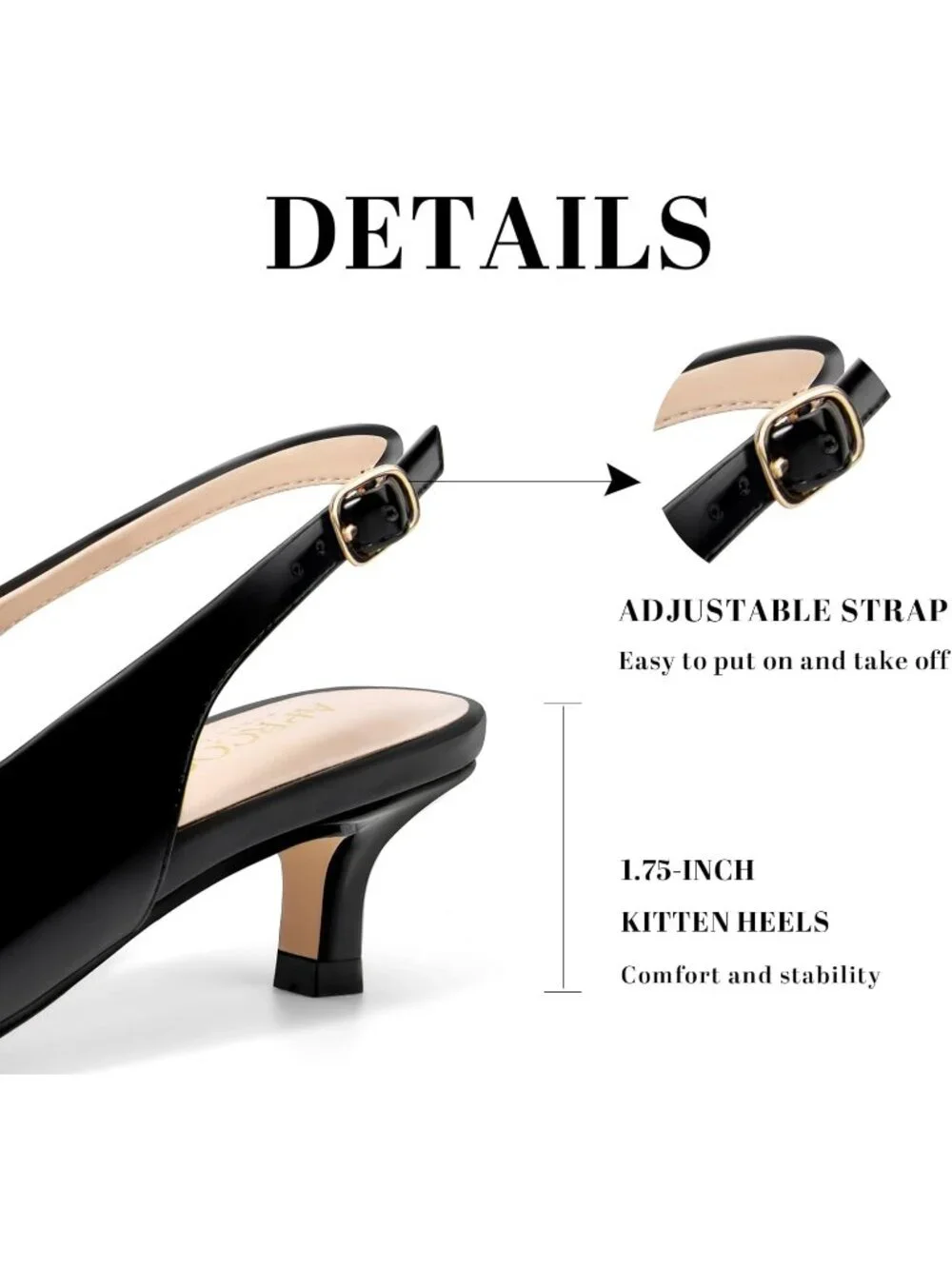Women's Black Kitten Heel Slingback Pointed Closed Toe Ankle Strap Elegant Shoes